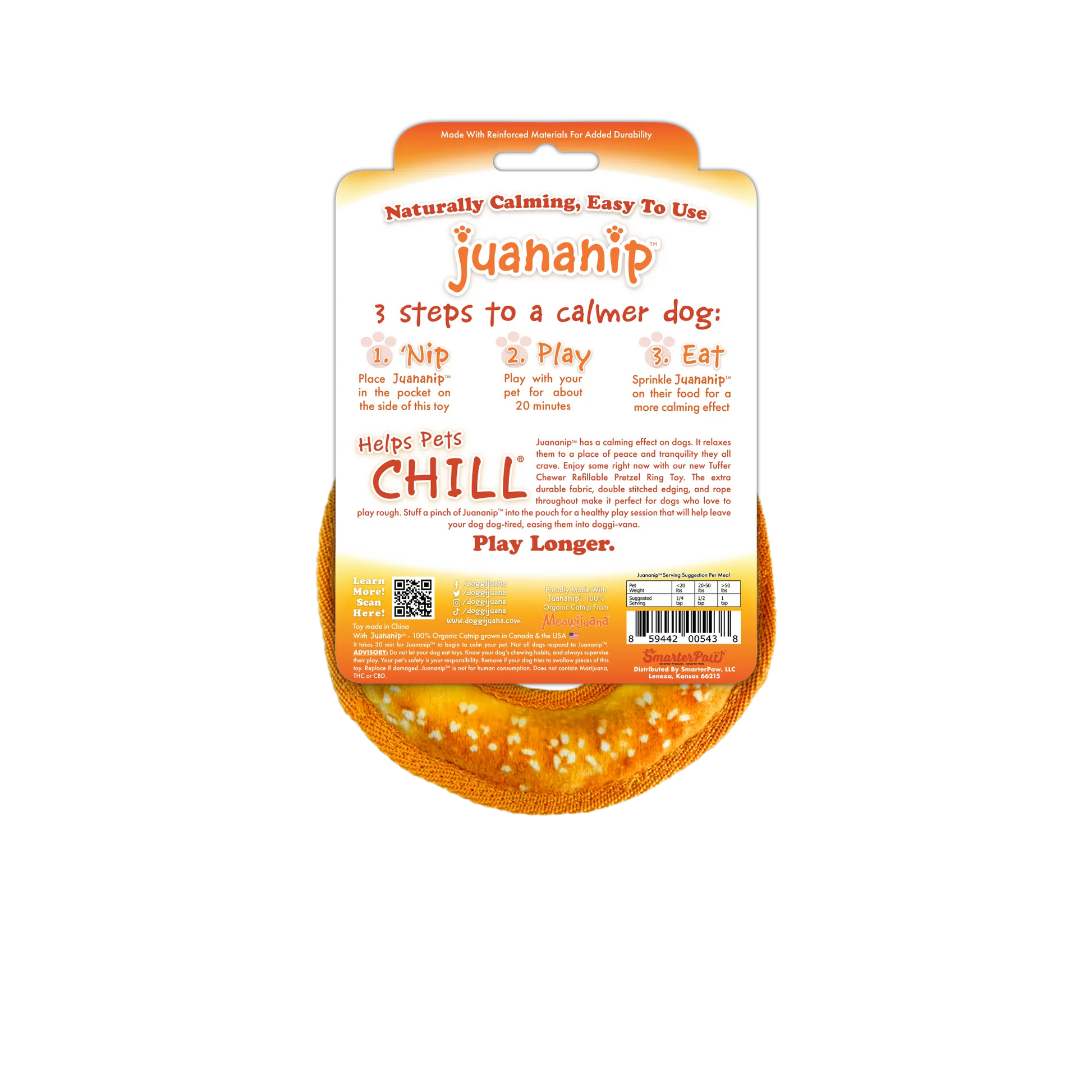 Back of pretzel ring toy package explains Juananip™ benefits with steps to help dogs play longer and stay calm.
