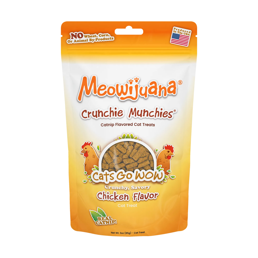 Bag of Meowijuana Crunchie Munchies, Chicken flavor, with real catnip and no wheat, corn, or by-products, produced in the USA.