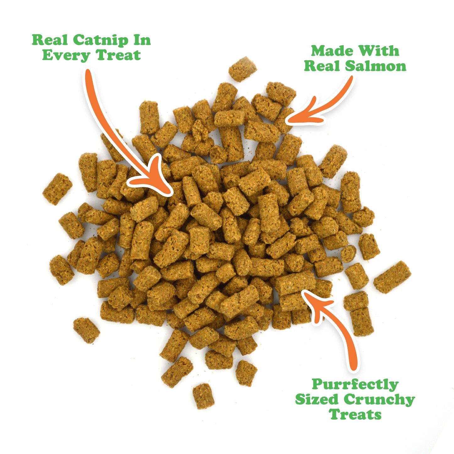 Colorful gummy bear-shaped cat toy beside a bag of Meowijuana® Crunchie Munchie® Salmon Treats, perfect for interactive feline play