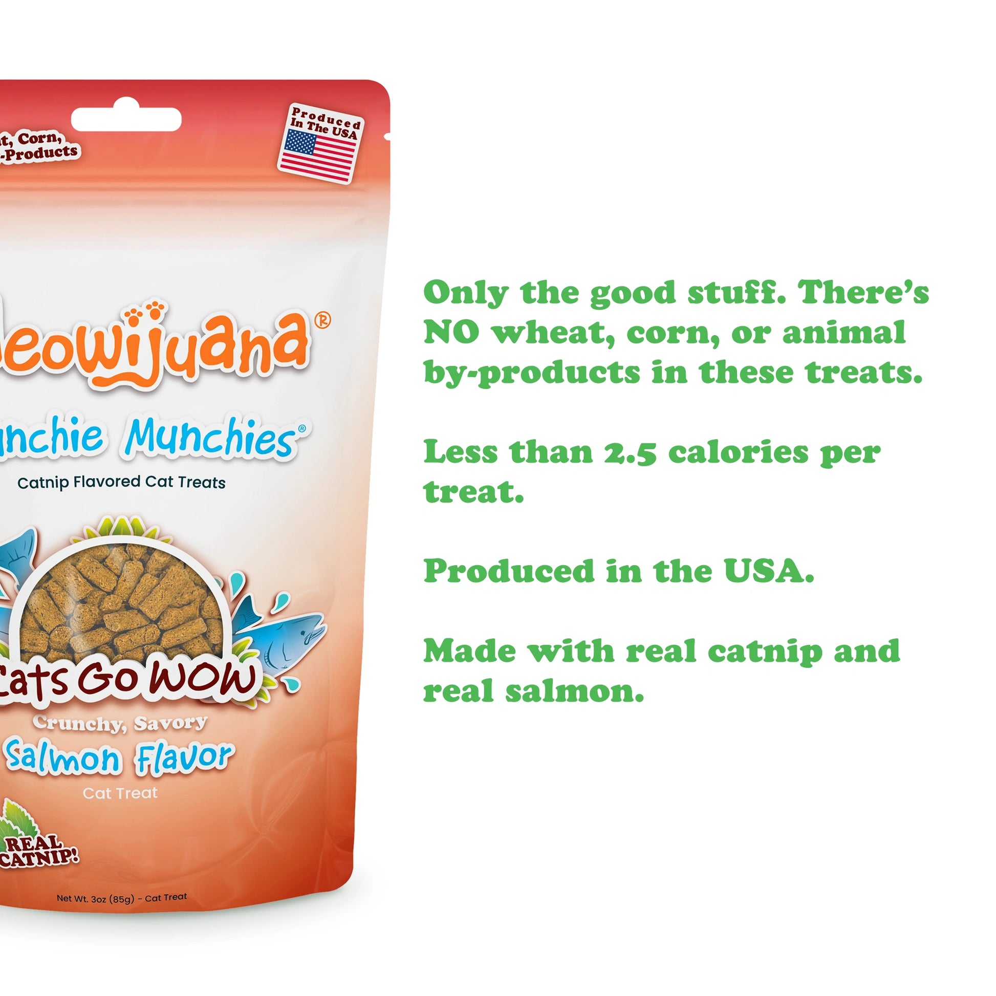 Colorful gummy bear-shaped cat toy beside a bag of Meowijuana® Crunchie Munchie® Salmon Treats, perfect for interactive feline play