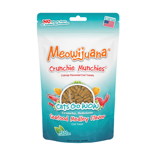 Bag of Meowijuana Crunchie Munchies, Seafood Medley flavor cat treats, made with catnip and no wheat, corn, or by-products.