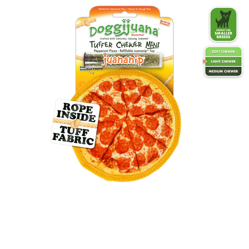 Doggijuana Tuffer Chewer Mini Pepperoni Pizza toy for dogs. Features rope core, tough fabric, and refillable Juananip pocket.