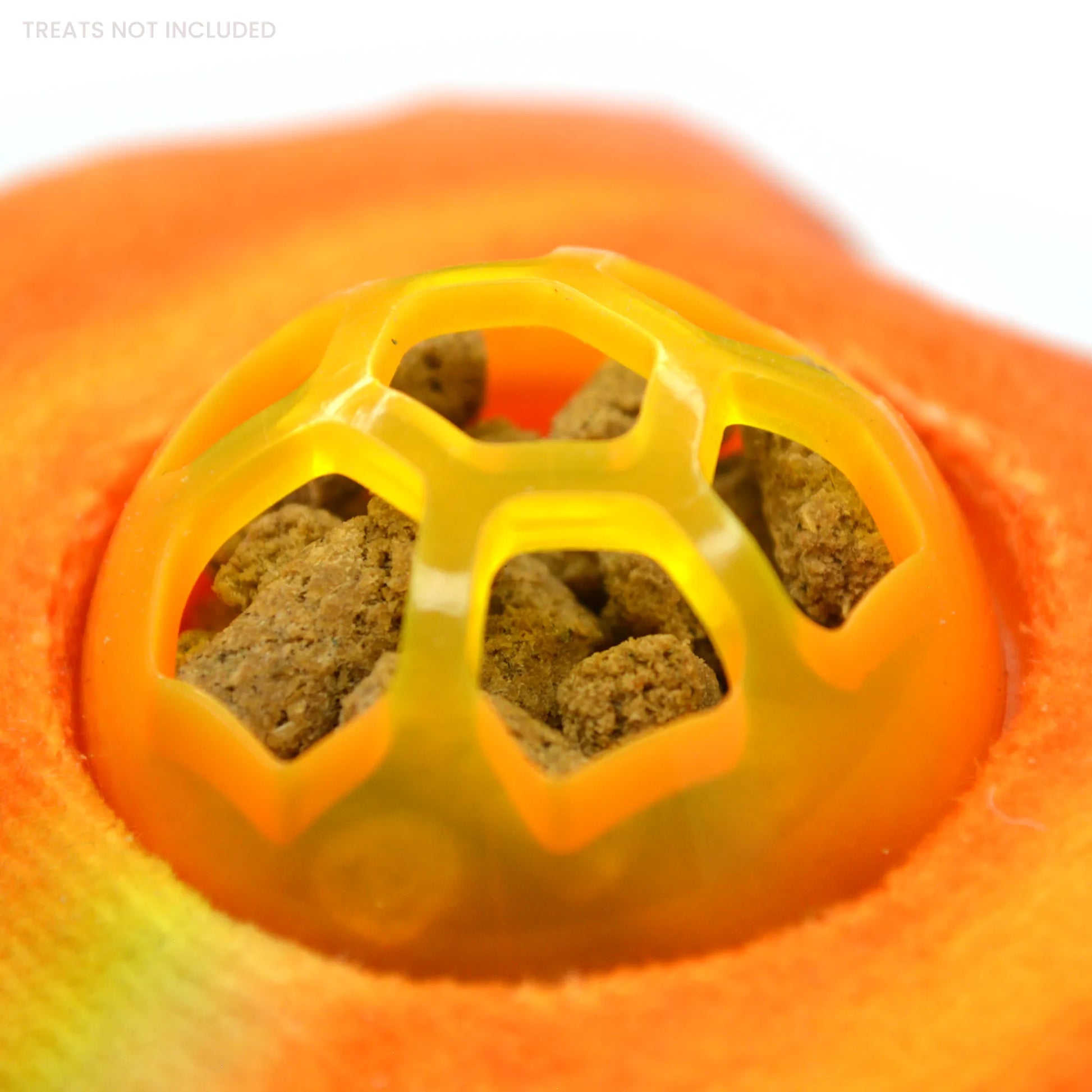 Close-up of treat dispensing ball filled with crunchy cat treats.