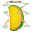 Close-up of taco-shaped chew toy highlighting features like reinforced edges, squeaker, double fabric, and refillable Juananip pocket.