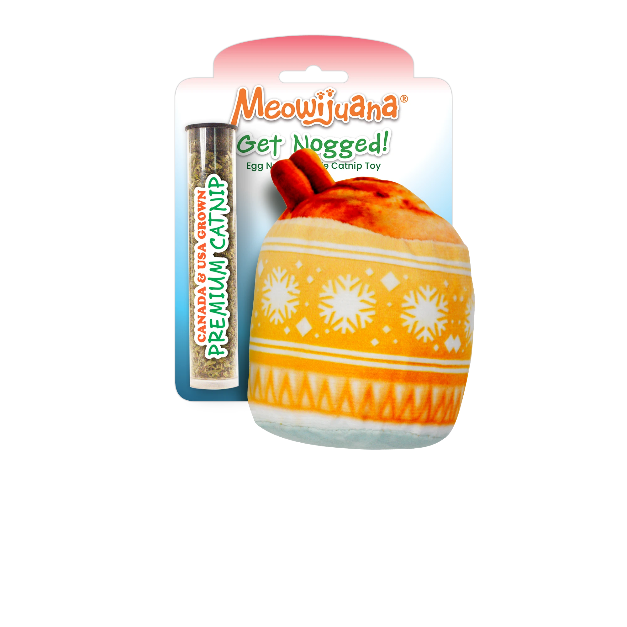 Meowijuana Get Nogged! – soft egg nog cat toy in festive colors, refillable with premium catnip. Holiday fun for playful or cuddly kitties.