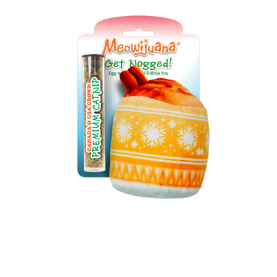 Meowijuana Get Nogged! – soft egg nog cat toy in festive colors, refillable with premium catnip. Holiday fun for playful or cuddly kitties.