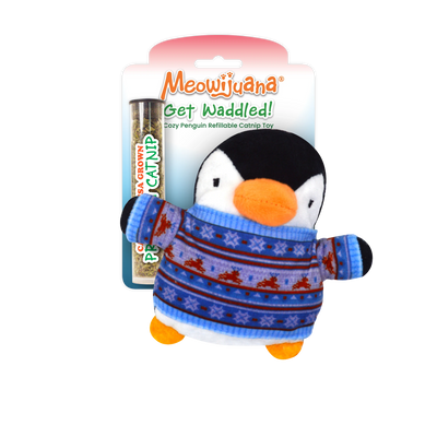 Meowijuana Get Waddled! – cozy refillable catnip penguin toy in a holiday sweater. Comes with USA-grown premium catnip. Pure feline joy!