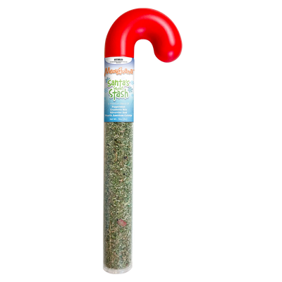 Meowijuana Santa's Stash catnip blend in a candy cane-shaped container, featuring peppermint and cranberry bits.