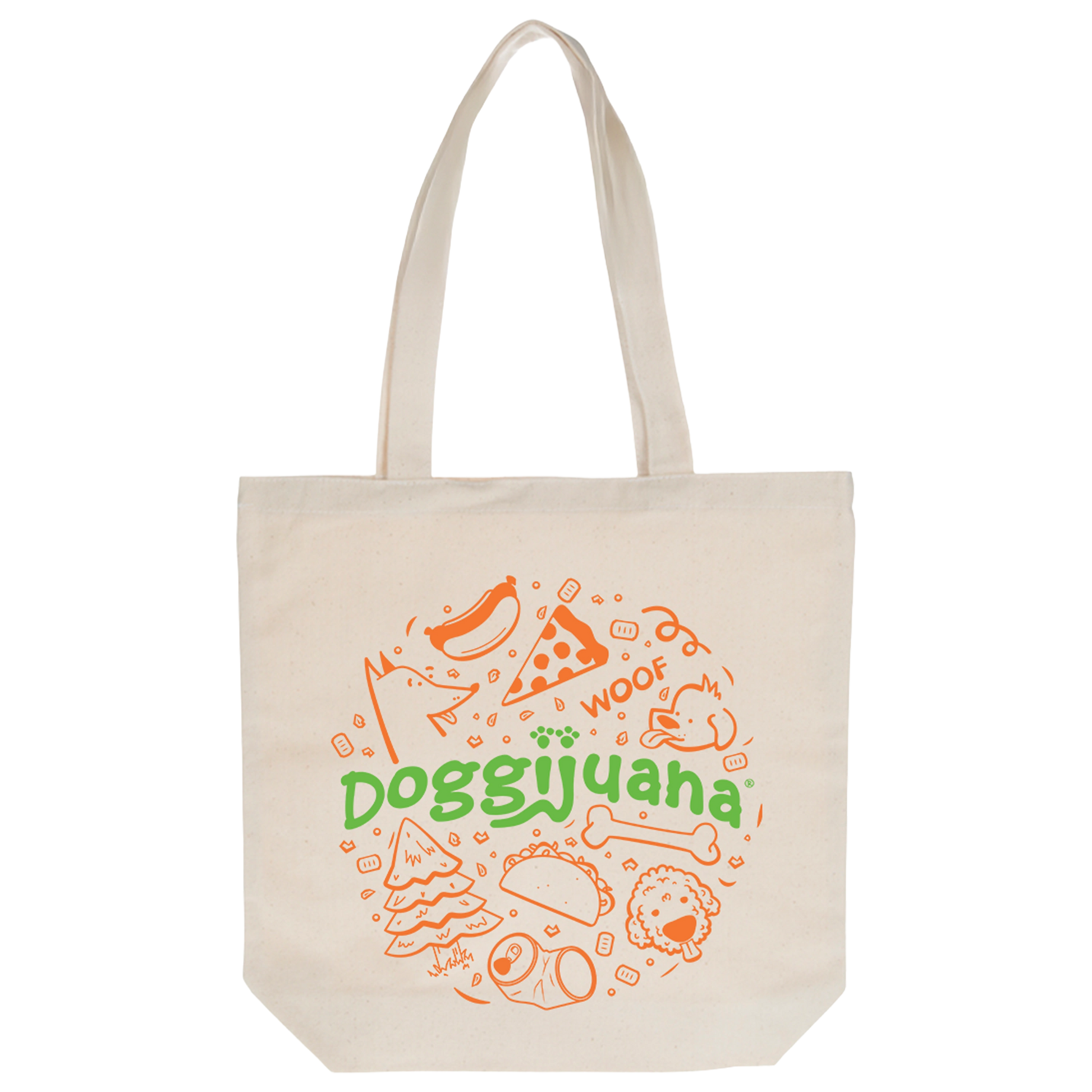 Canvas tote bag with Meowijuana design on one side and Doggijuana design on the other.