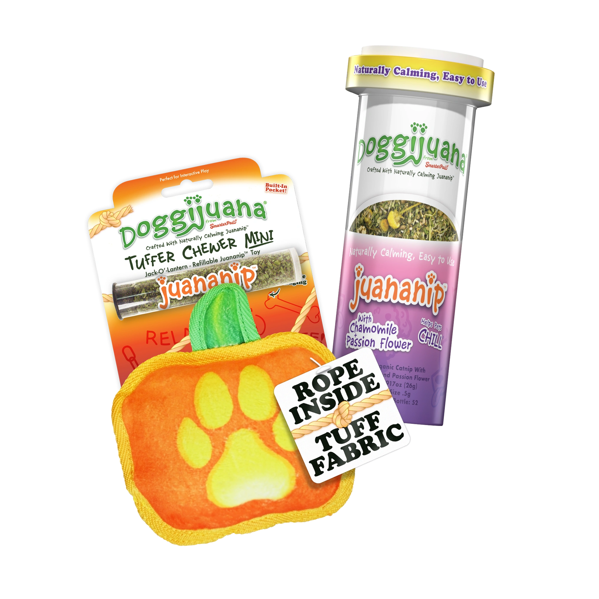 Jack-o’-Lantern dog toy with Juananip® chamomile & passion flower refill bottle.