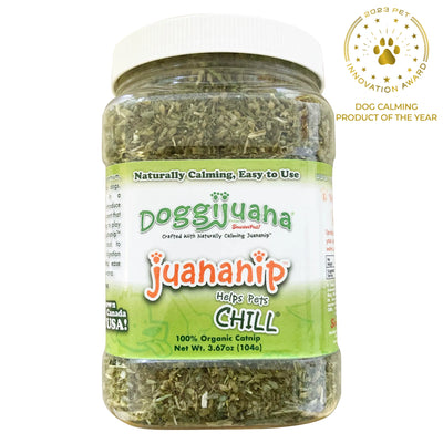 Tub container of Doggijuana® Juananip®, promoting a naturally calming effect for pets.