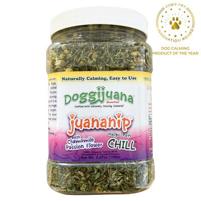 Tub container of Doggijuana® Juananip® with chamomile and passion flower, promoting a naturally calming effect for pets.