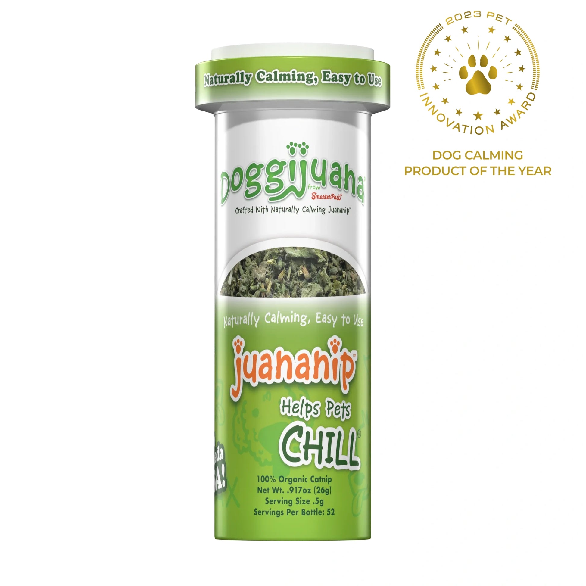 Slim container of Doggijuana® Juananip®, promoting a naturally calming effect for pets.
