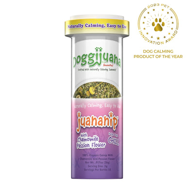 Slim container of Doggijuana® Juananip® with chamomile and passion flower, promoting a naturally calming effect for pets.