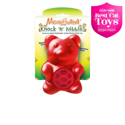 Meowijuana Knock 'n' Nibble Gummy Bear – plush treat-dispensing toy for cats. Soft, refillable fun that rewards play with tasty surprises!