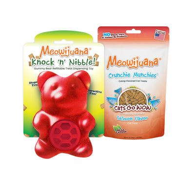 Colorful gummy bear-shaped cat toy beside a bag of Meowijuana® Crunchie Munchie® Salmon Treats, perfect for interactive feline play