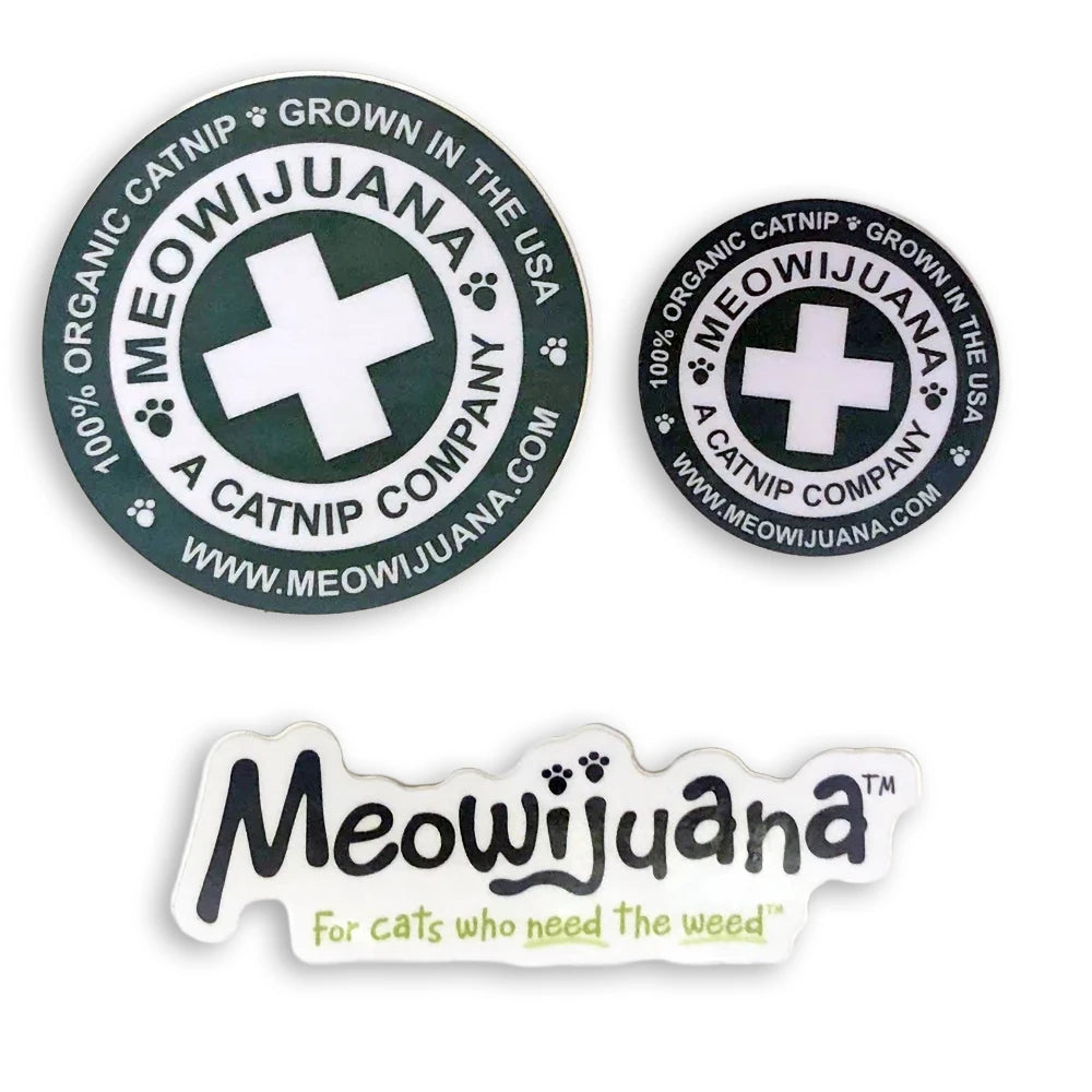 Three Meowijuana catnip product logos on a white background
