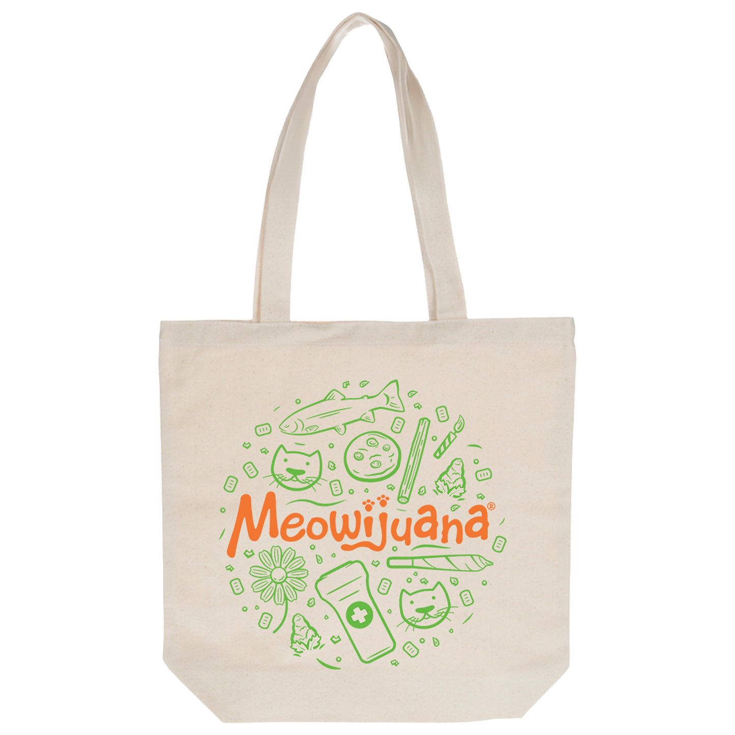 Canvas tote bag with Meowijuana design on one side and Doggijuana design on the other.