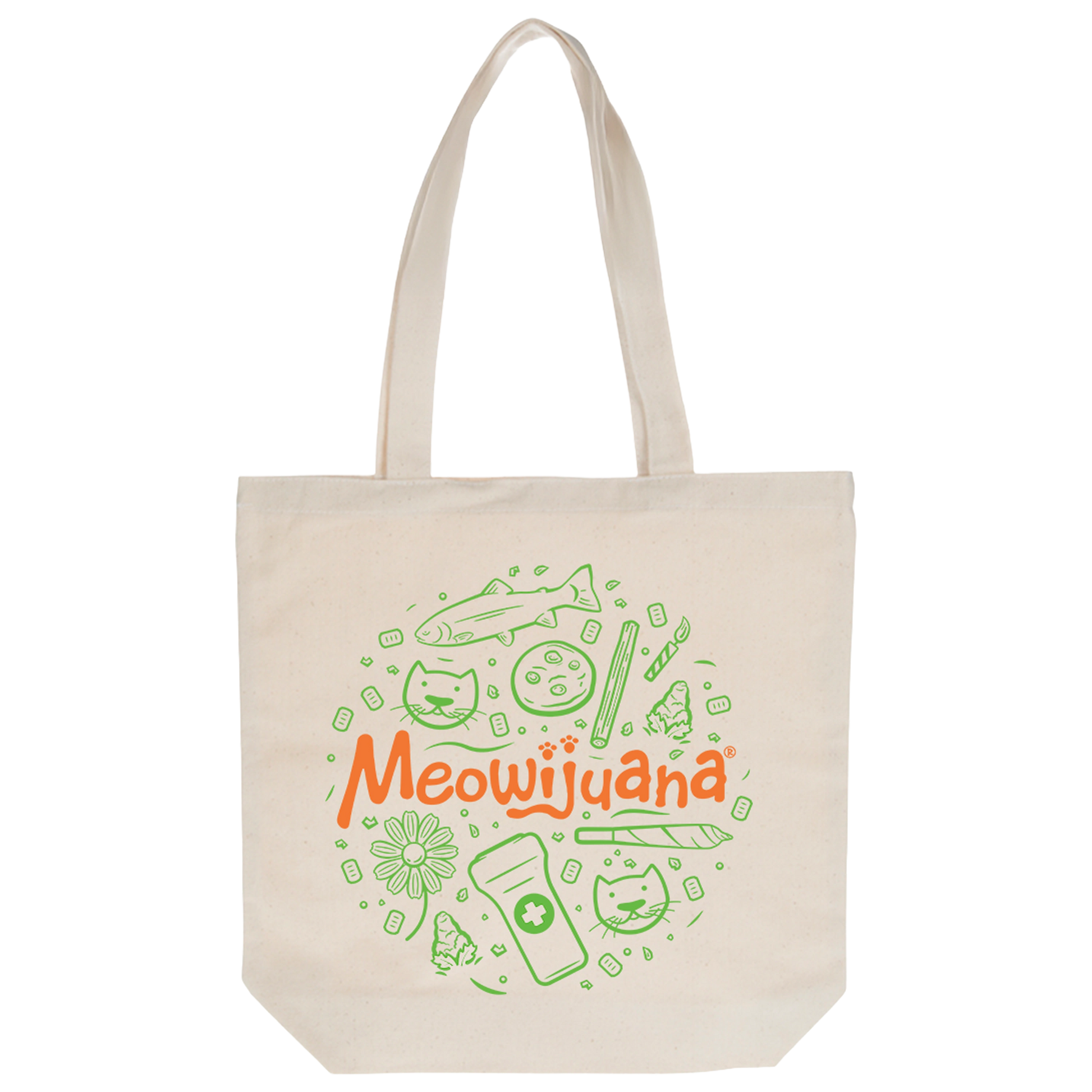 Canvas tote bag with Meowijuana design on one side and Doggijuana design on the other.