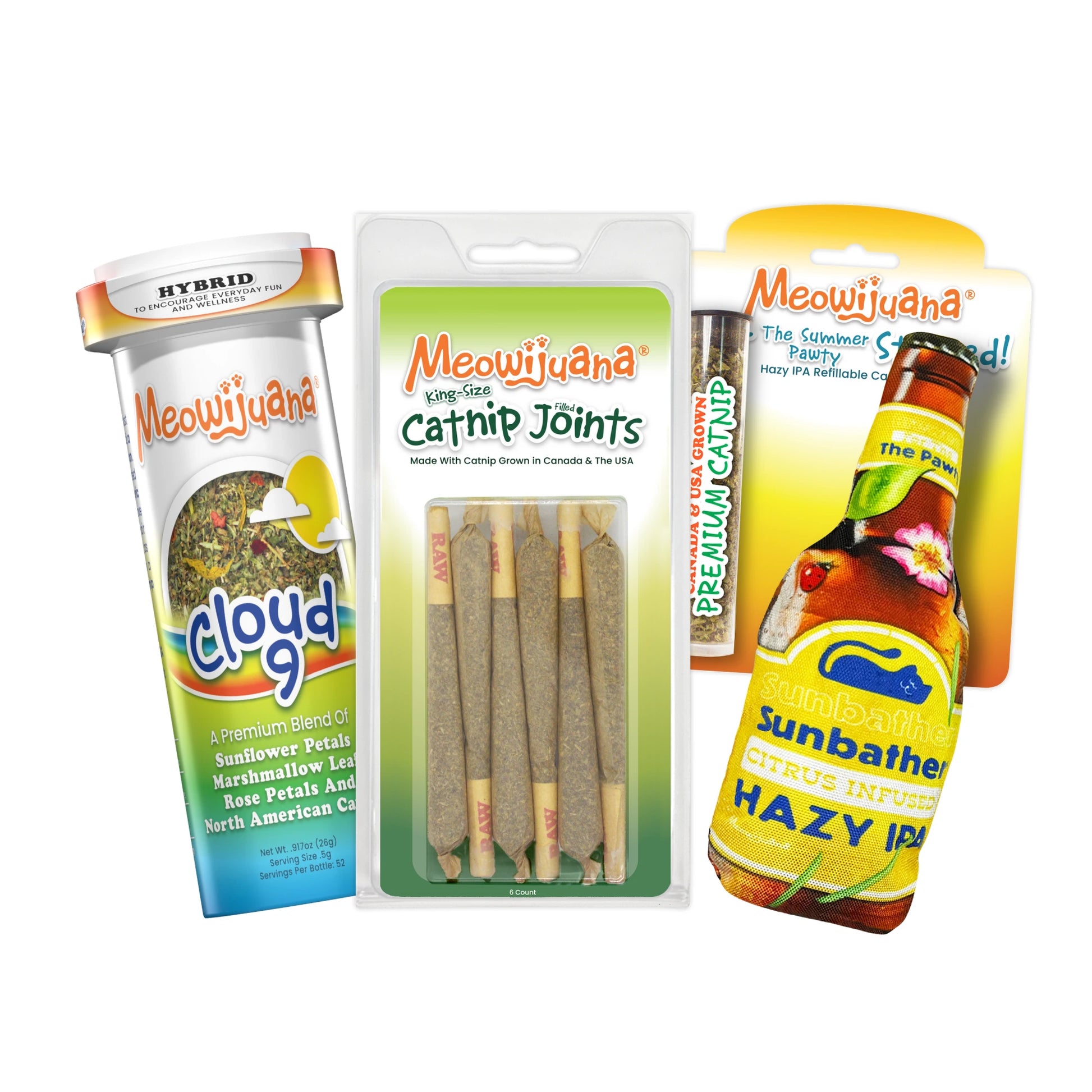 Meowijuana 4th of July cat bundle featuring Cloud 9 catnip, Catnip Joints, and a Hazy IPA toy.