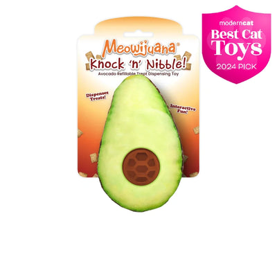 Meowijuana Knock 'n' Nibble avocado-shaped treat dispensing cat toy with interactive fun and treat storage.